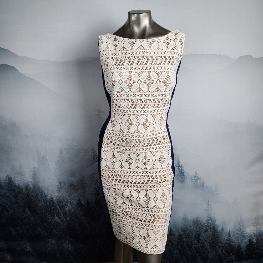 Anne Klein Sleeveless Lace Blue and White Sheath Dress | Women's 14